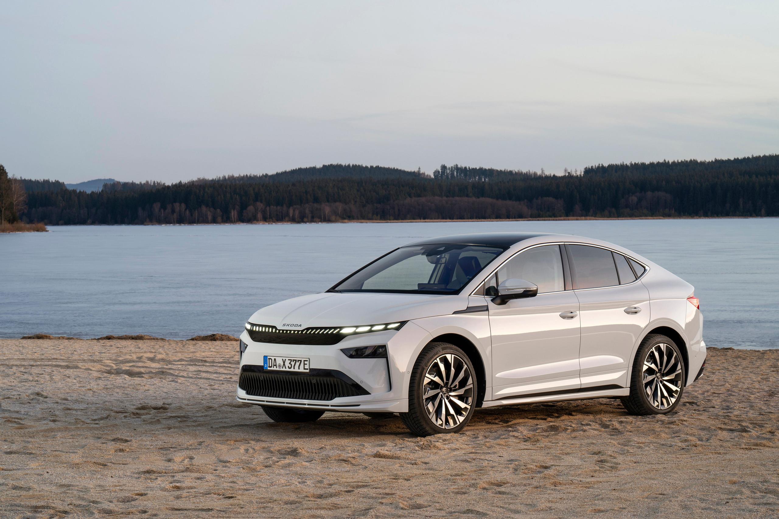 Skoda Enyaq, parked at Helen's Bay, available on finance at Agnew Skoda Belfast and Agnew Skoda Mallusk