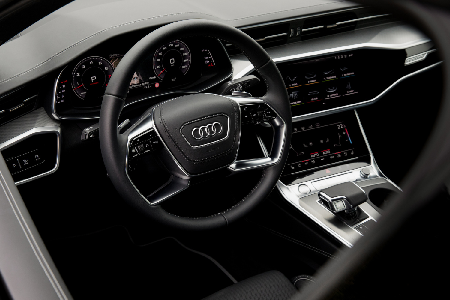 New Audi A6 Saloon interior view of steering wheel and digital cockpit