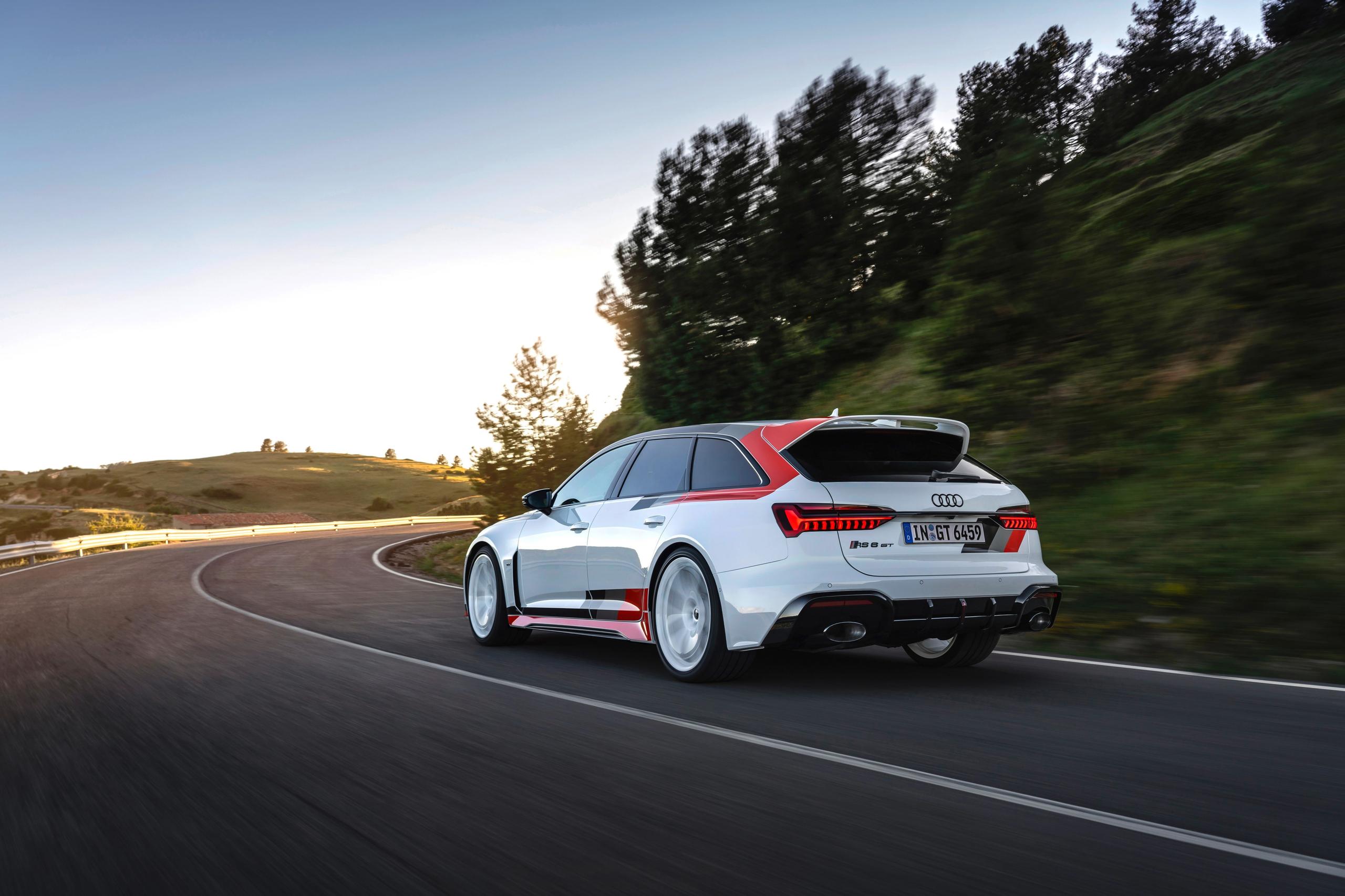 Rear and side view of the Audi RS6 Avant GT, driving on country road