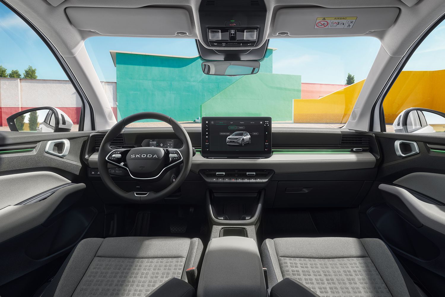 Interior view of the Skoda Epiq, featuring the central infotainment touchscreen system.