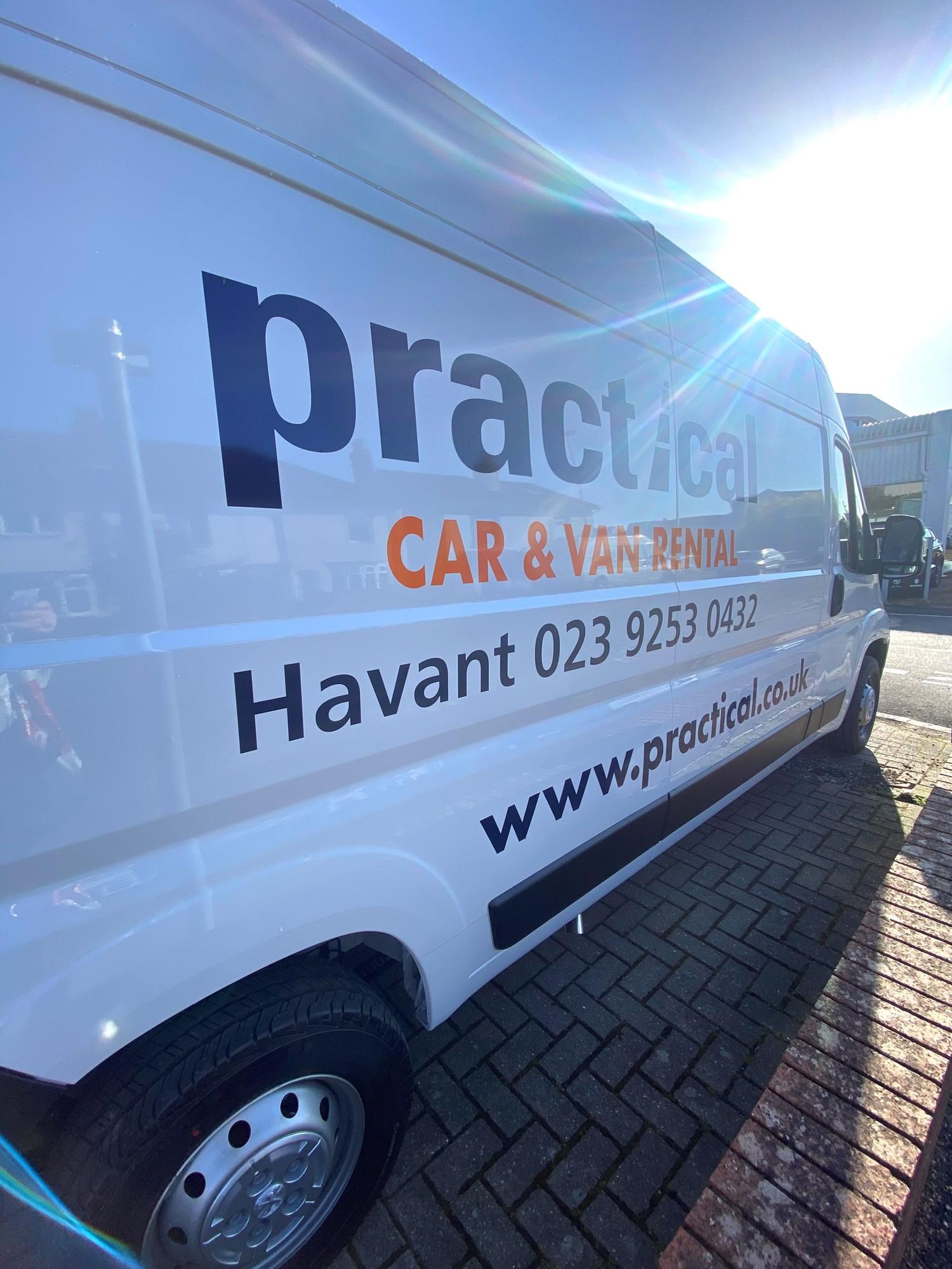 Practical Car and Van Rental Havant 02392530432 signwriting on a white van