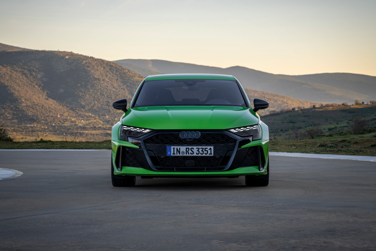 Front view of the new 2024 Audi RS 3 Sportback in Kyalami green.