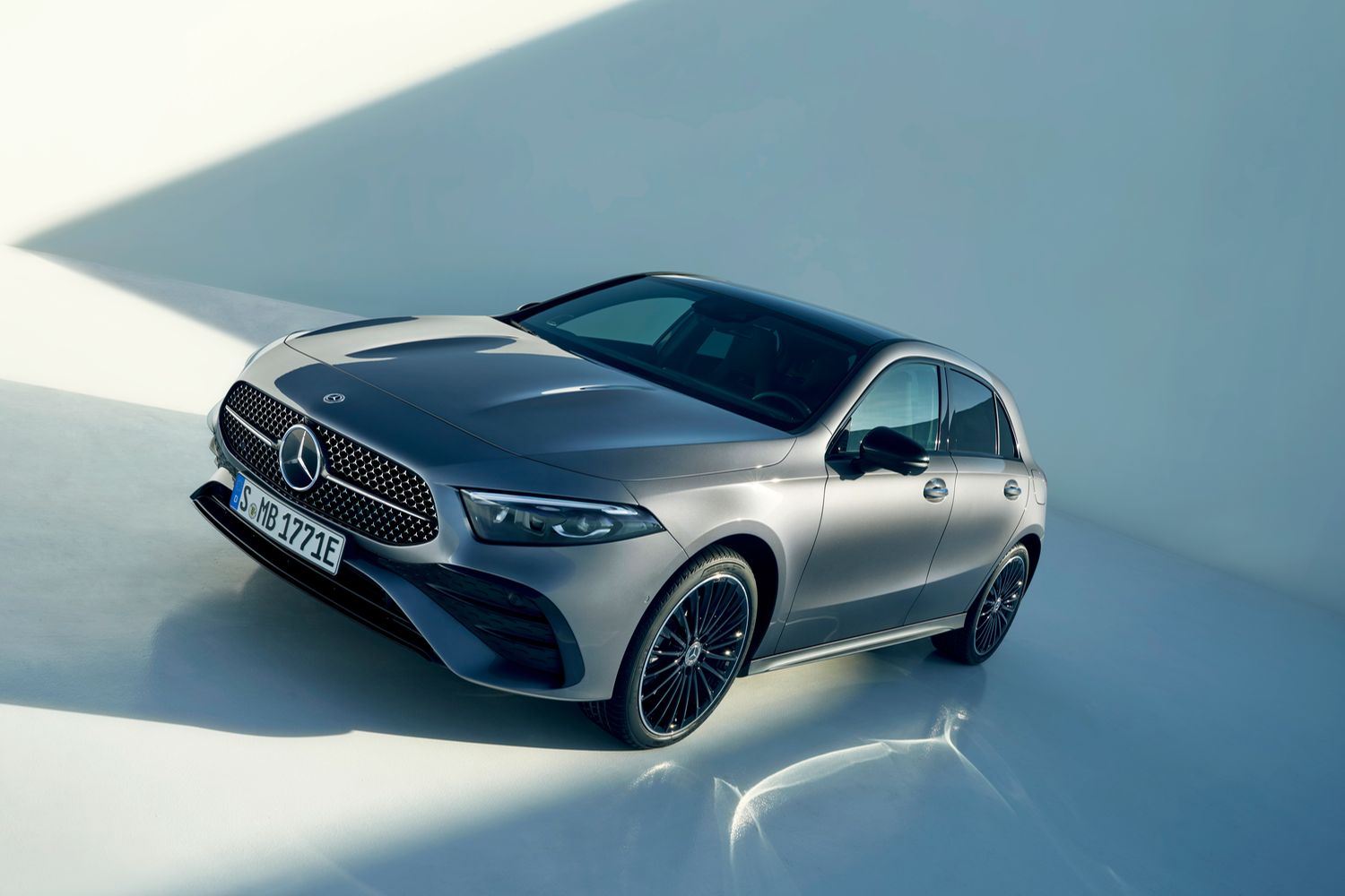 A silver Mercedes-Benz A-Class hatchback.