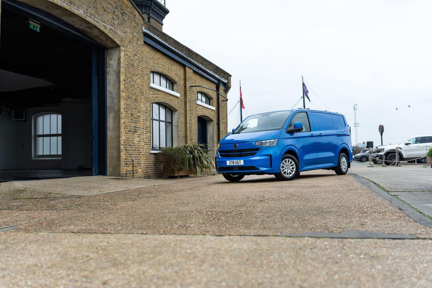 New Volkswagen Transporter, available at Agnew Van Centre. Transporter being unloaded at docks.