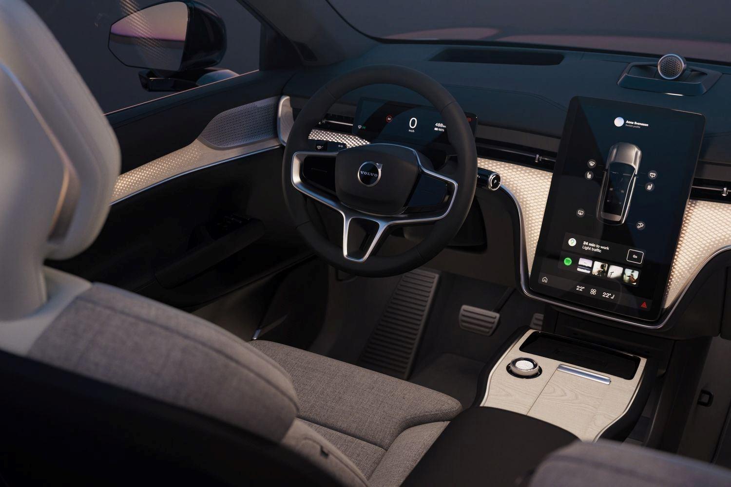 Close-up of the steering wheel and infotainment system in the all-new Volvo EX90