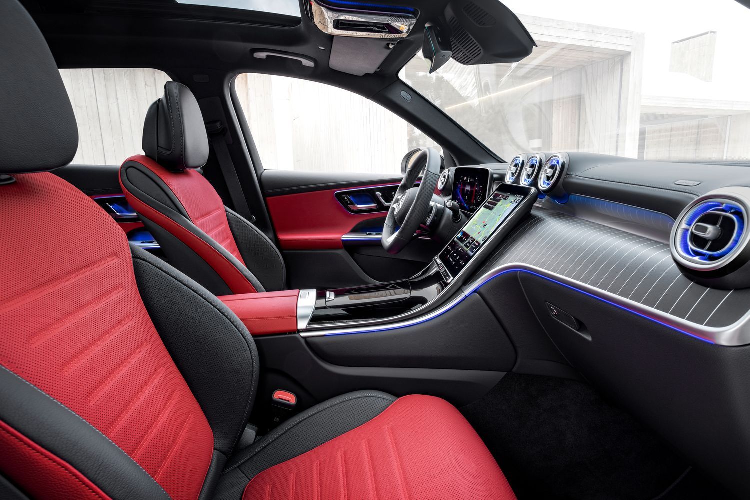 Mercedes-Benz GLC's red and black interior seats.