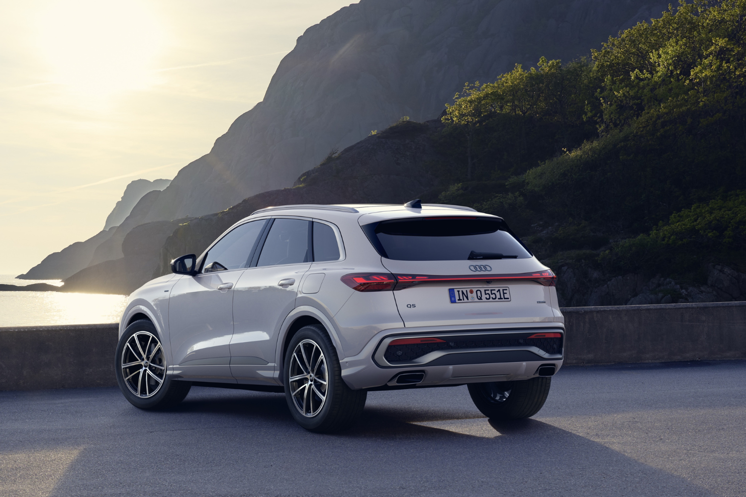 Rear view of the new Audi Q5 SUV e-hybrid in Glacier white.