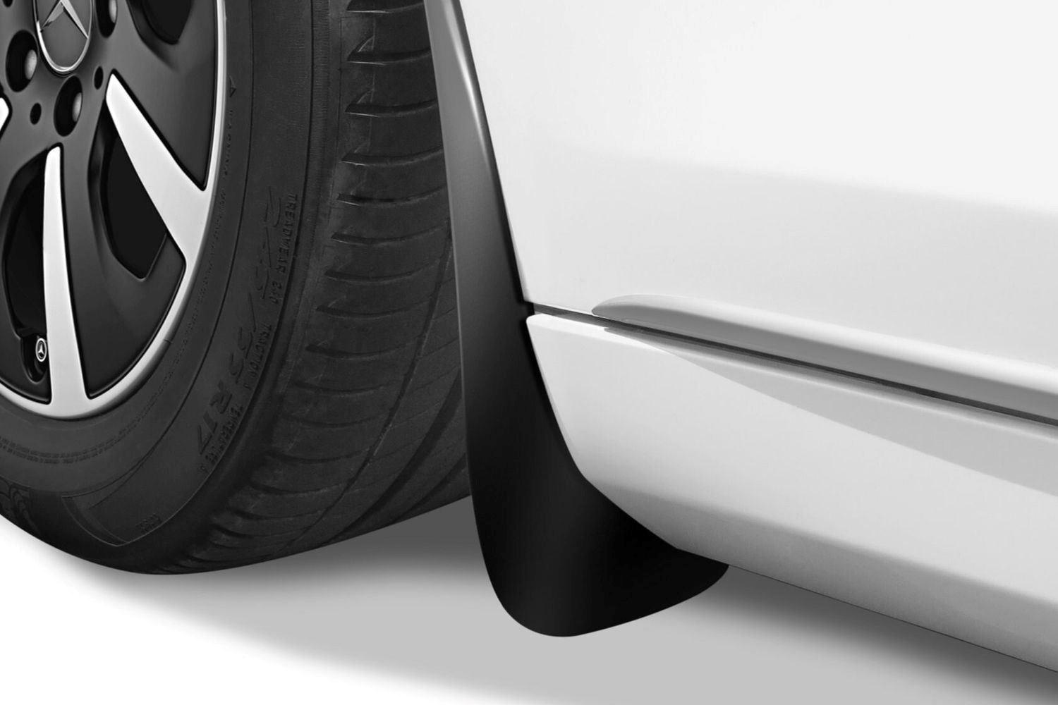 Close-up image of mud flaps on a new Mercedes-Benz vehicle