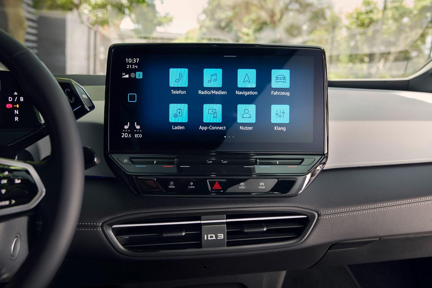Interior view of the new Volkswagen ID.3, close-up of the infotainment system from the driver side