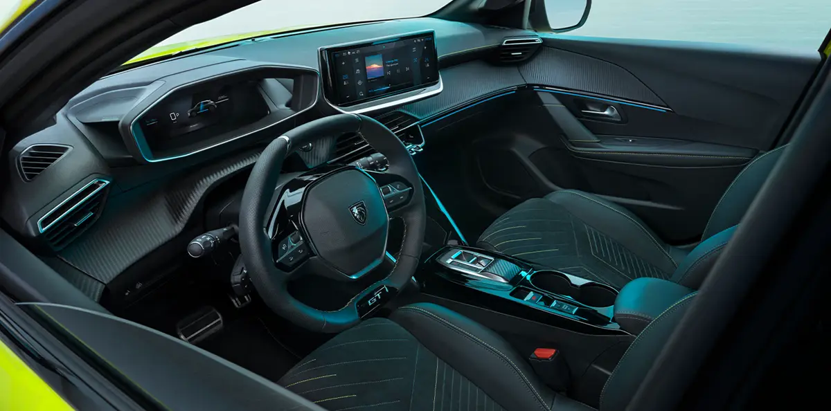Interior of Lime green Peugeot 208