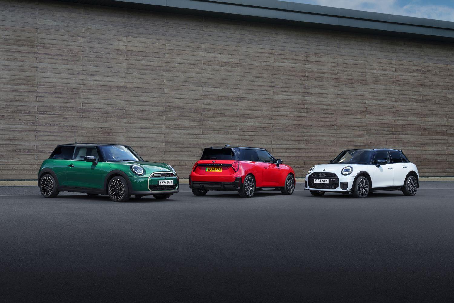 The new MINI Cooper Range. From left to right, the 3-Door Cooper, All-Electric Cooper and 5-Door Cooper. All models are available at Bavarian MINI Belfast.