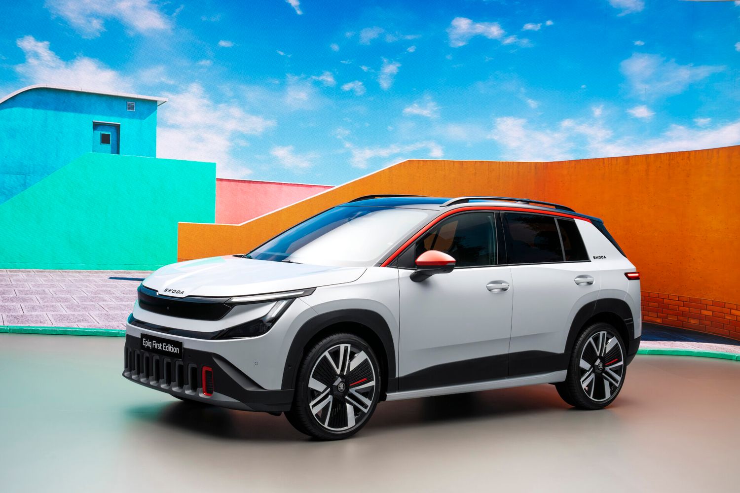 The All-New Skoda Epiq, available at Agnew Skoda, parked next to colourful buildings