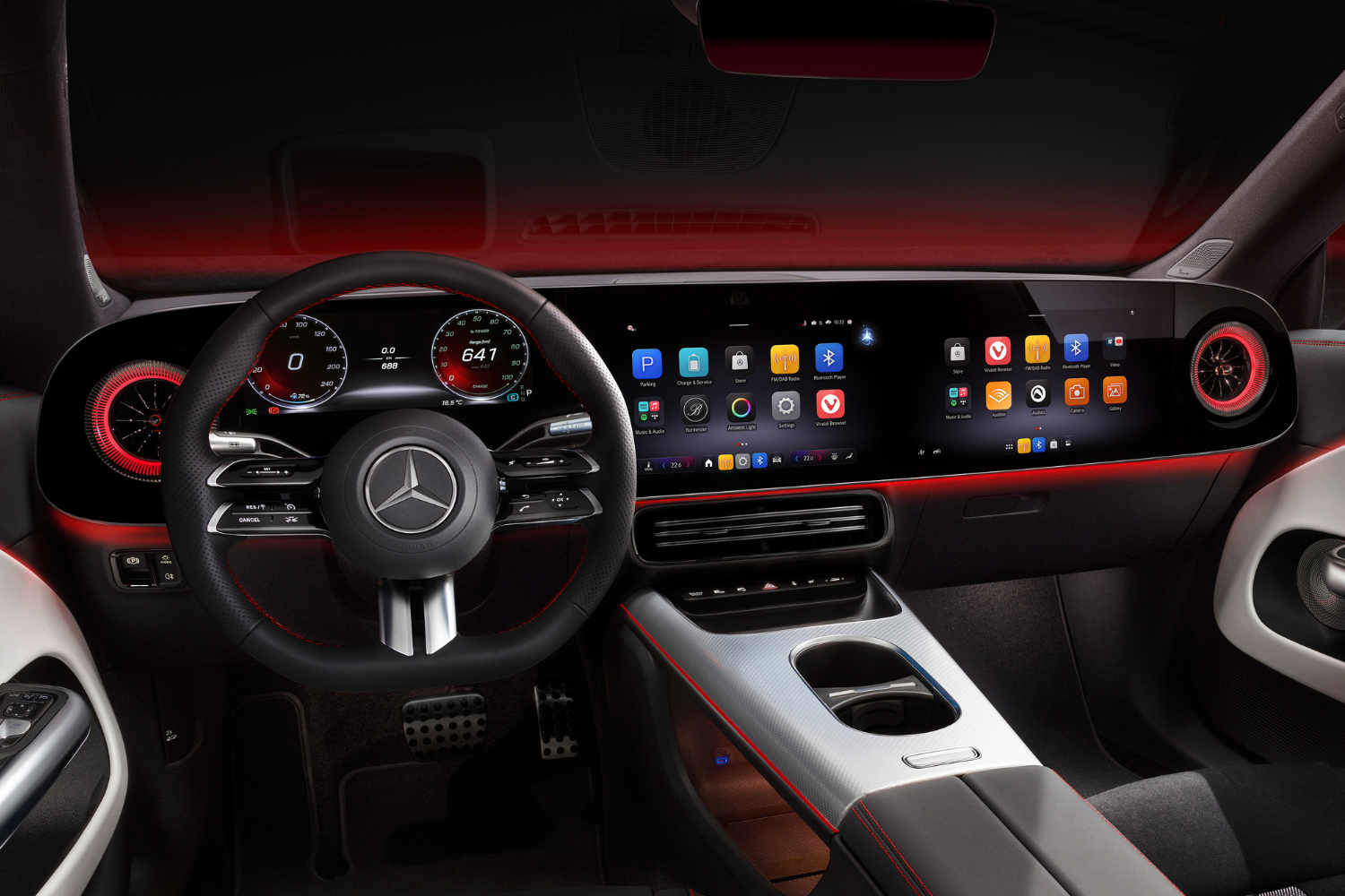 Close up of the new Mercedes-Benz CLA Electric Saloon's black/clean white pearl interior and intuitive MBUX user interface.