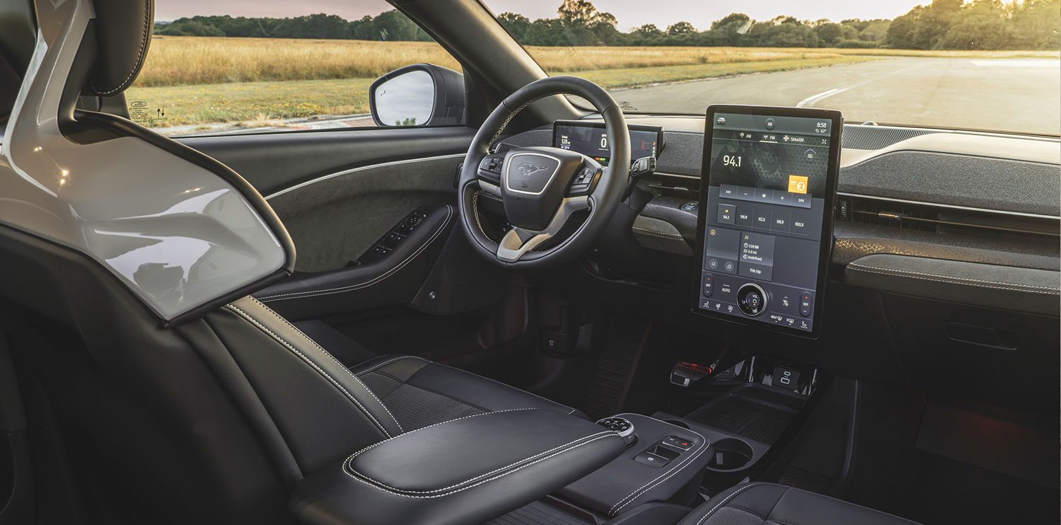Interior of Mach-E Rally covered in white decals