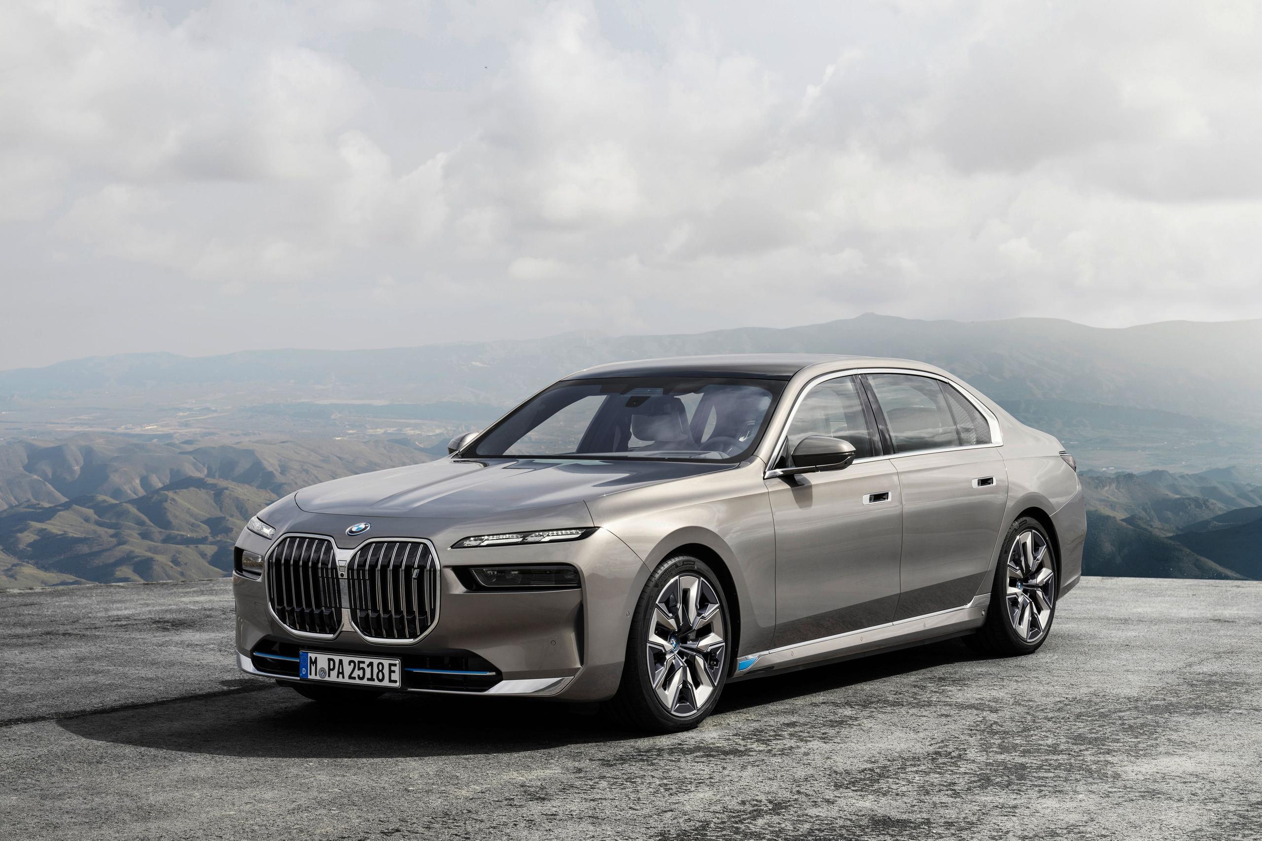 New BMW 7 Series Saloon in grey, front view of vehicle parked