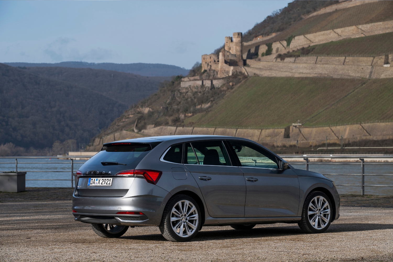 New Skoda Scala, available at Agnew Skoda Belfast and Agnew Skoda Mallusk, parked in beach car park