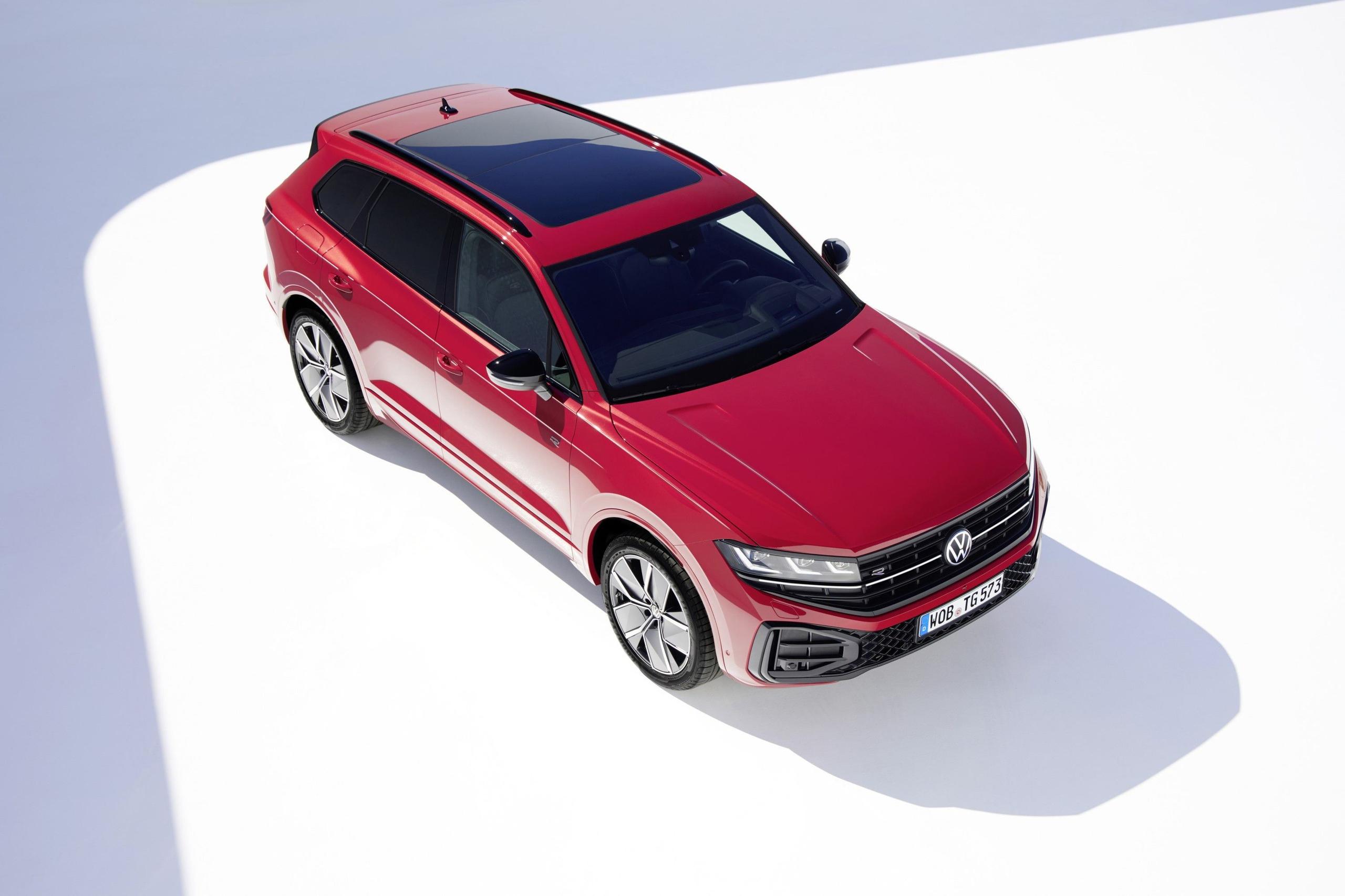 Top down view of the new Volkswagen Touareg in red with a neutral white background and shadowing