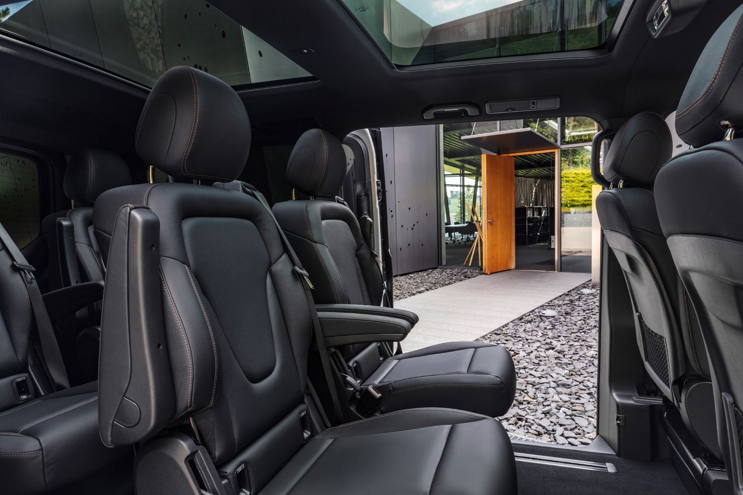 Mercedes-Benz EQV black leather rear interior seats.