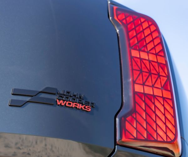 Close up of the rear end of a grey MINI John Cooper Works.