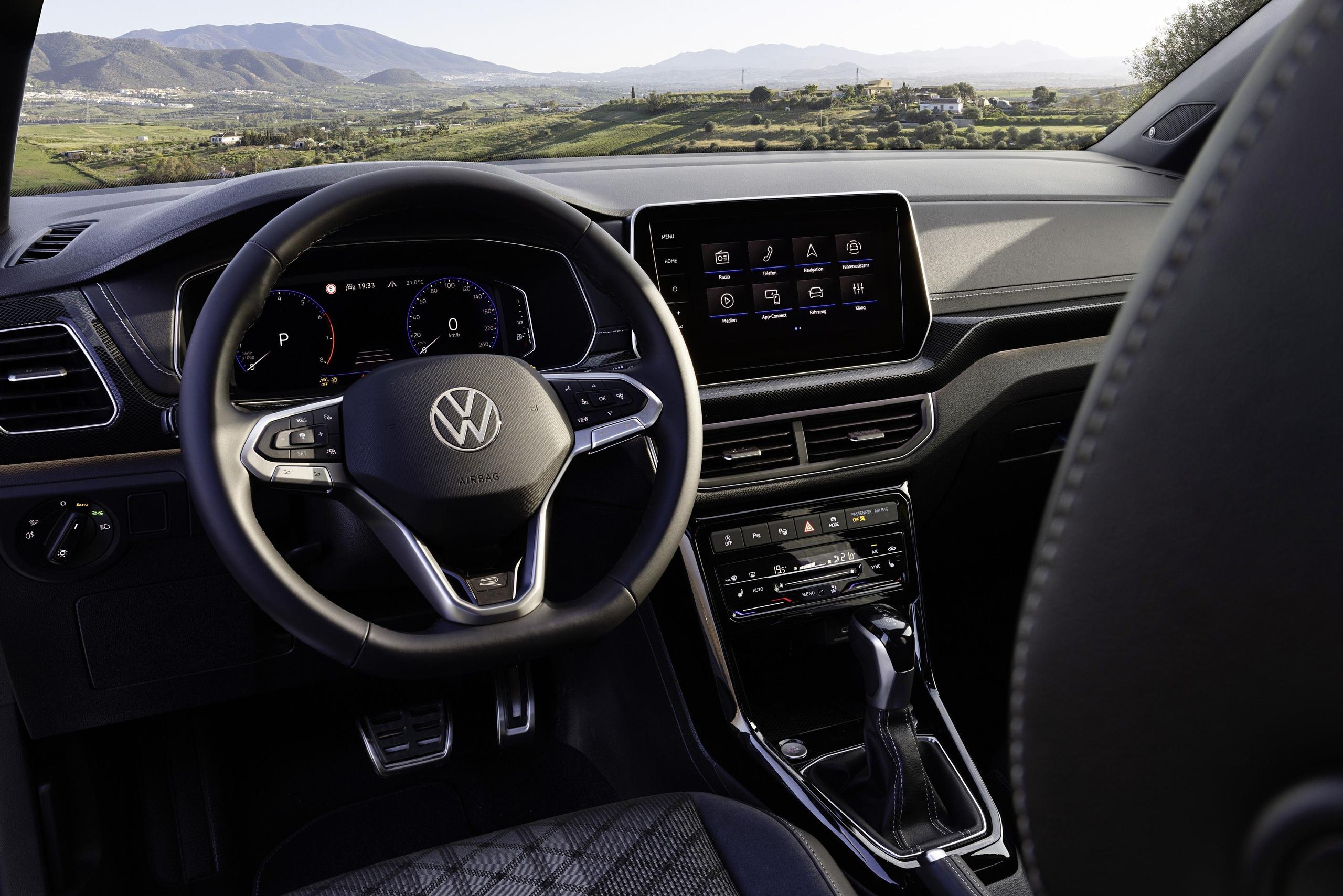 Interior view of the Volkswagen T-Cross R-Line, featuring a new infotainment system