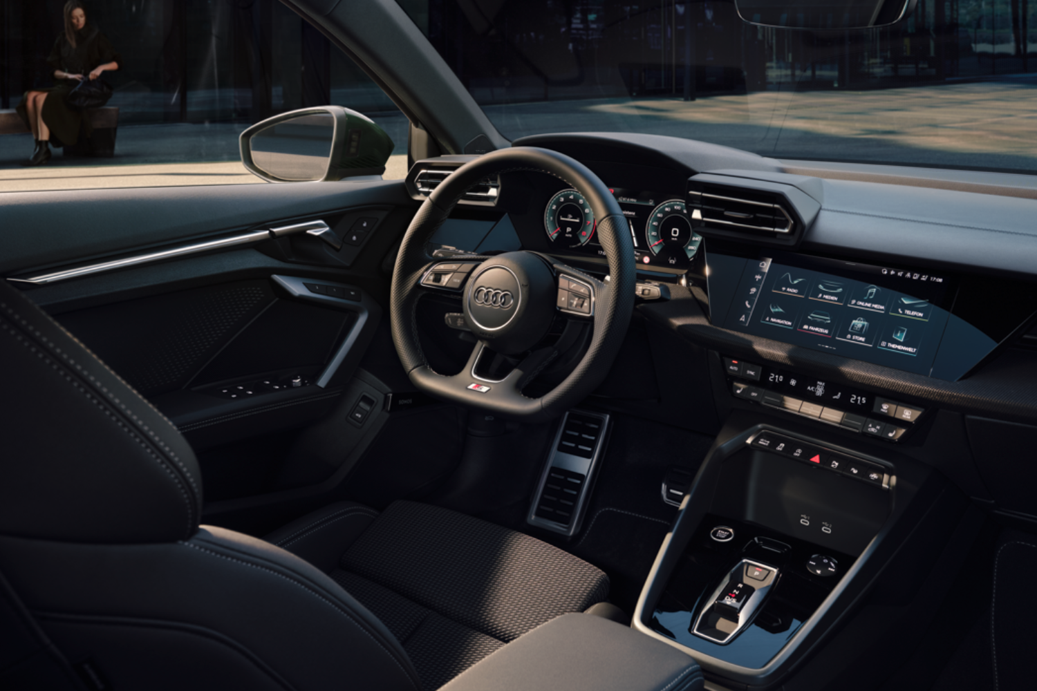 New Audi A3 Sportback interior displayed, shown is the digital cockpit and larger infotainment screen.