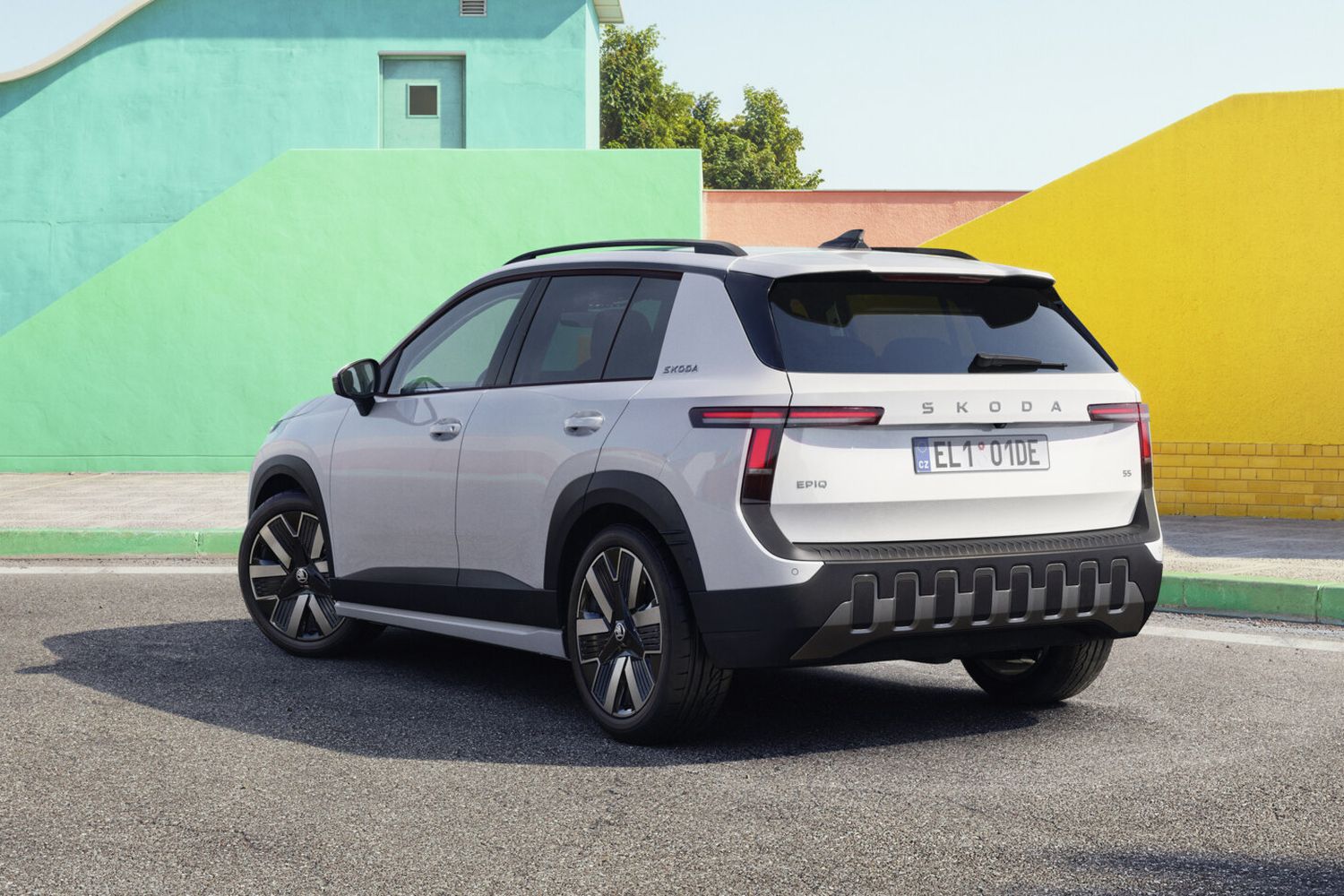 The All-New Skoda Epiq, available at Agnew Skoda, rear view parked beside colourful buildings