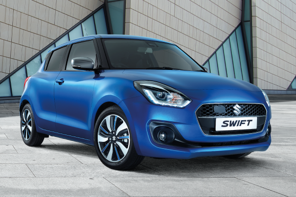 Front exterior of a blue Suzuki Swift