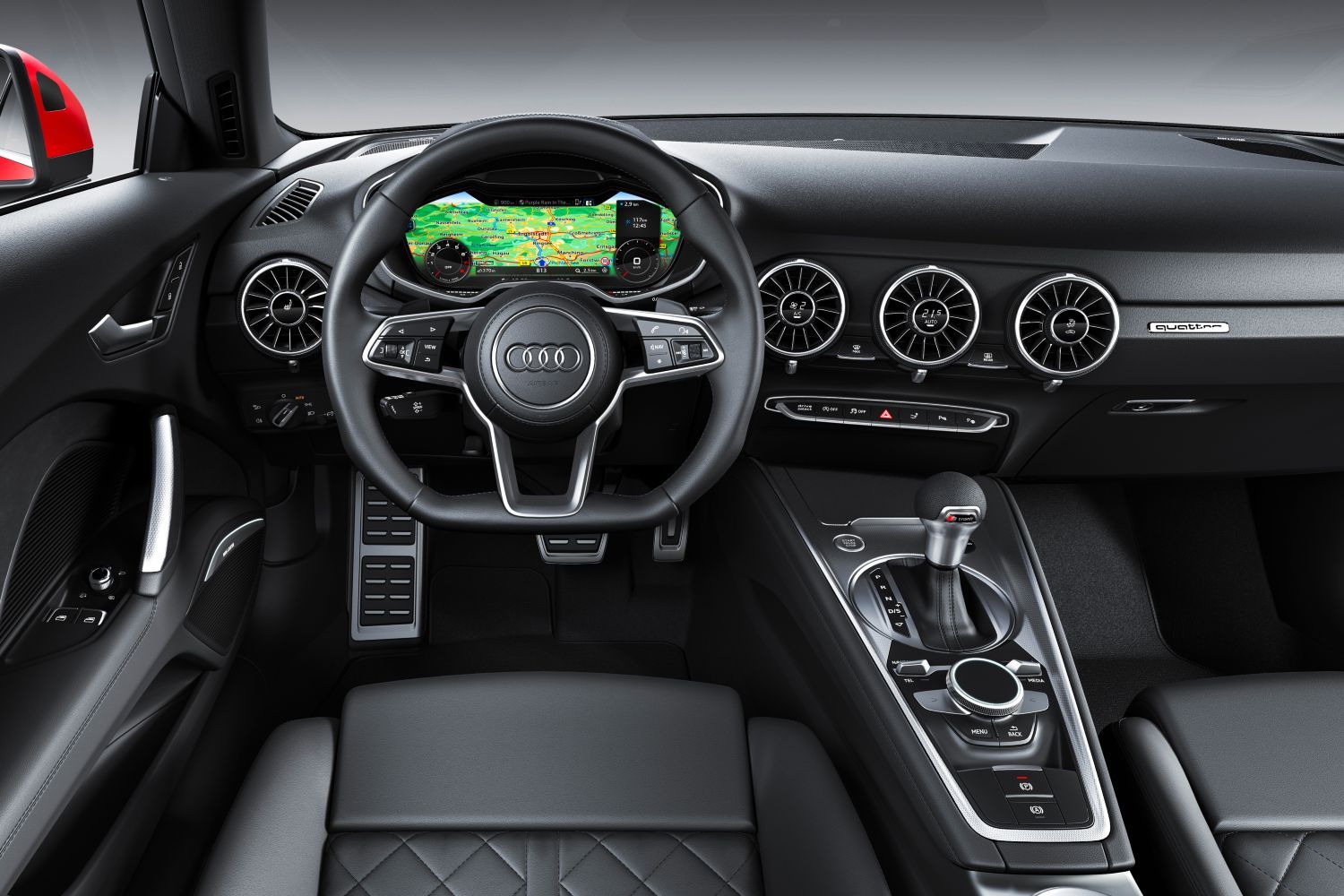 New Audi TT Coupe front interior, image of steering wheel and digital cockpit