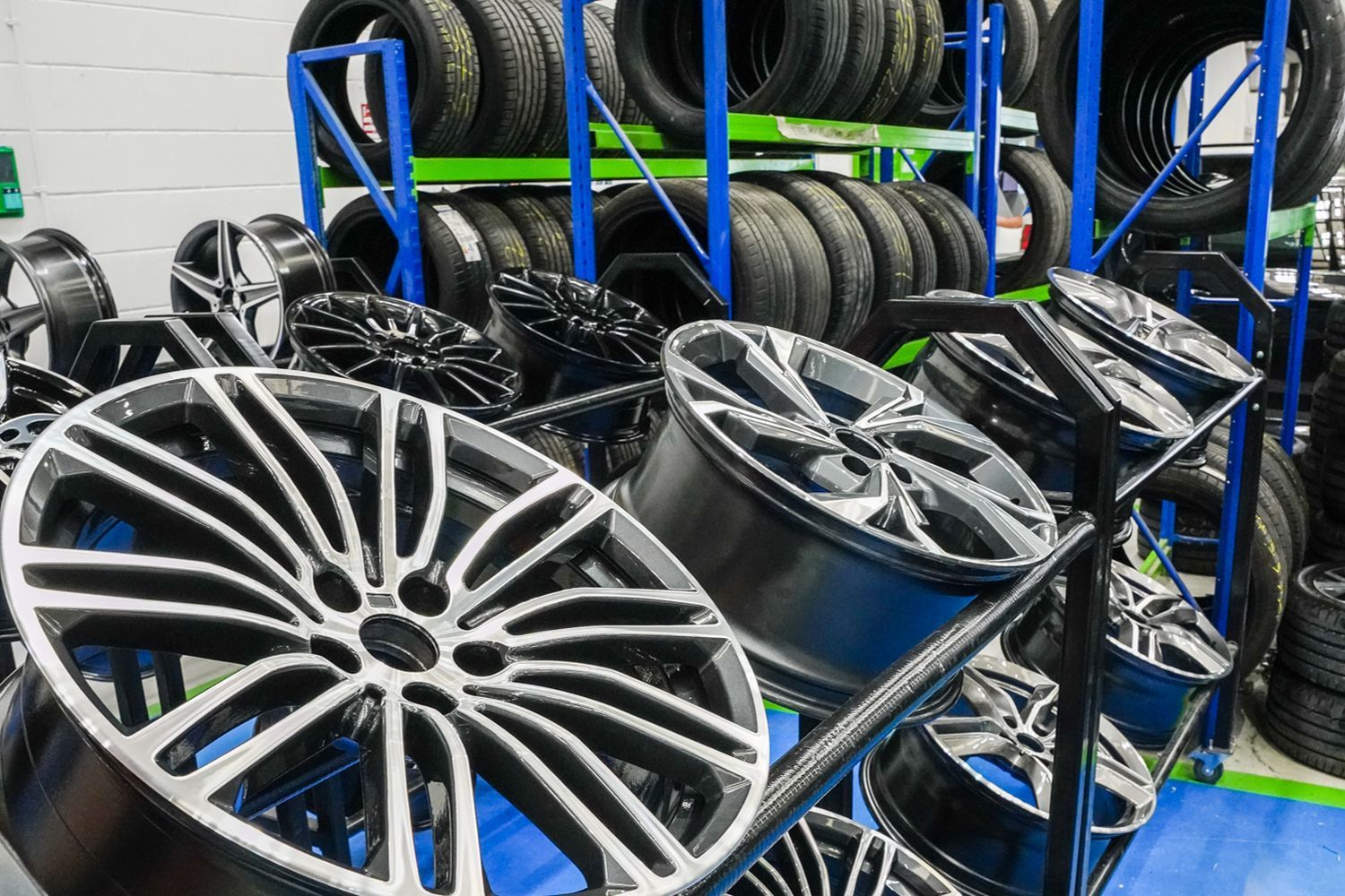 A selection of different tyres and alloys prepped and ready for an alloy wheel refurbishment