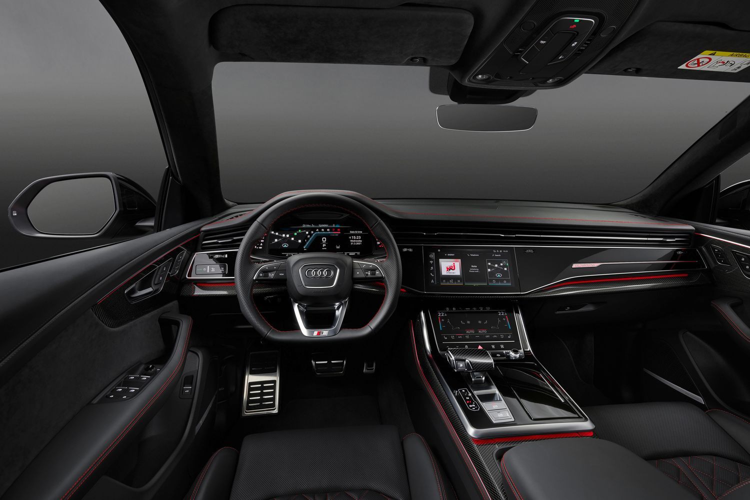 New Audi Q8 interior front view of steering wheel, driving controls, digital cockpit and infotainment