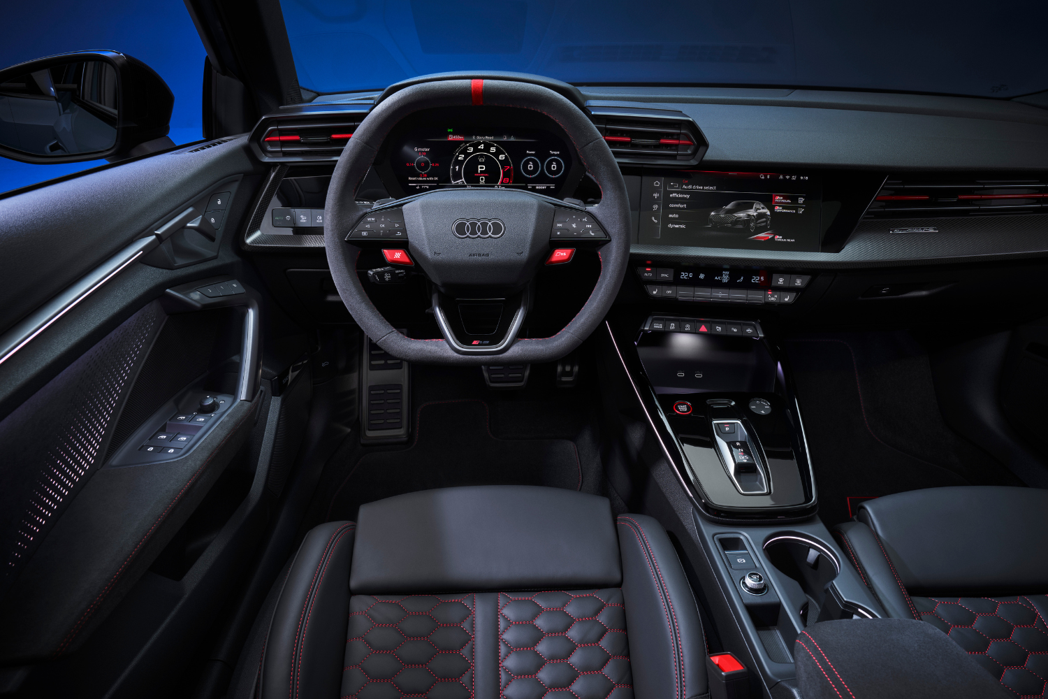 The new 2024 Audi RS 3 Saloon black interior, featuring driver displays.