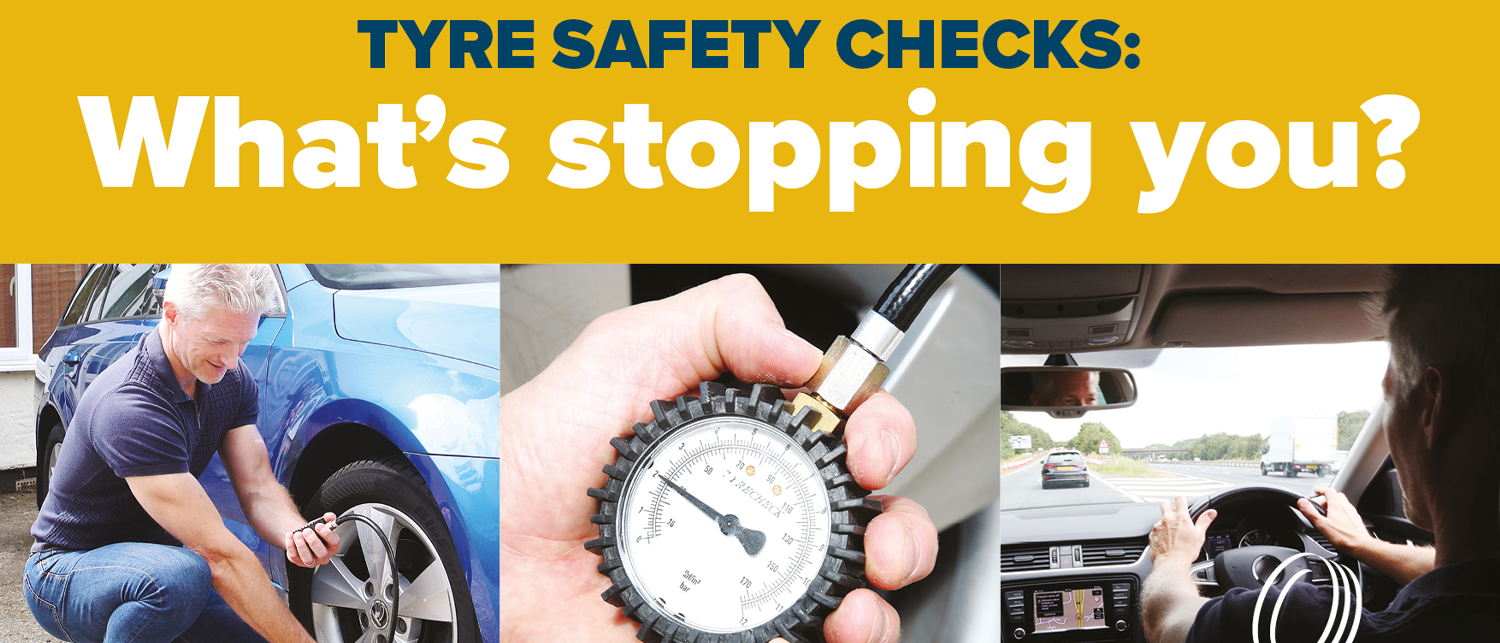 Collage of images and man checking tyre pressure and driving along motorway 