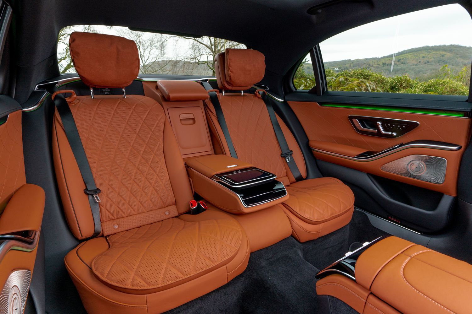 Mercedes-Benz S-Class Saloon's interior rear seats in tan.