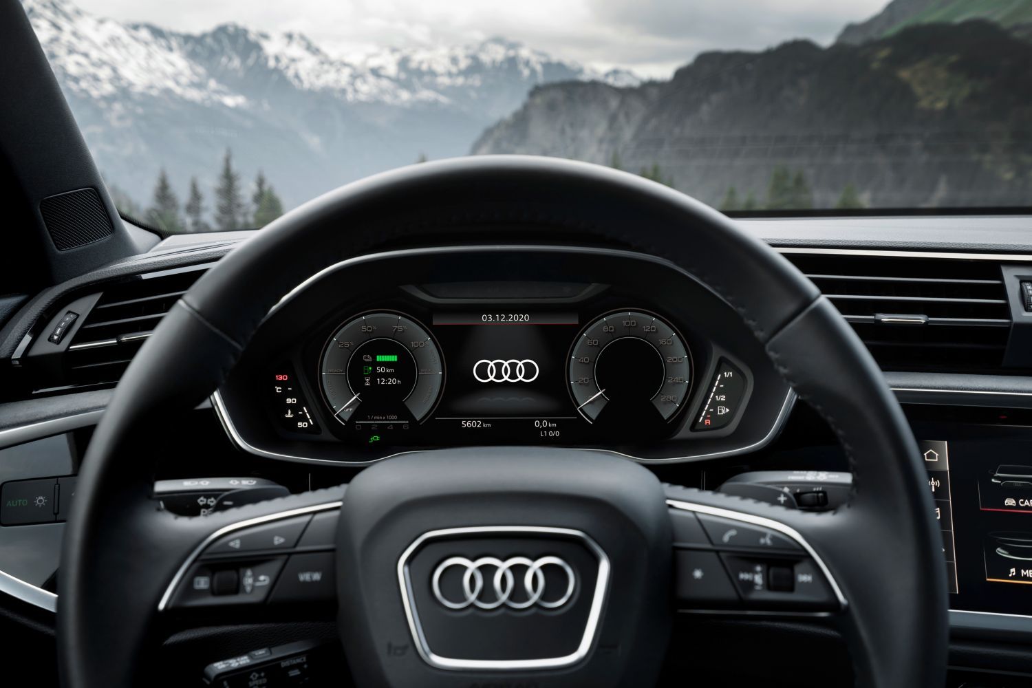 New Audi Q3 TFSI e view of steering wheel digital cockpit