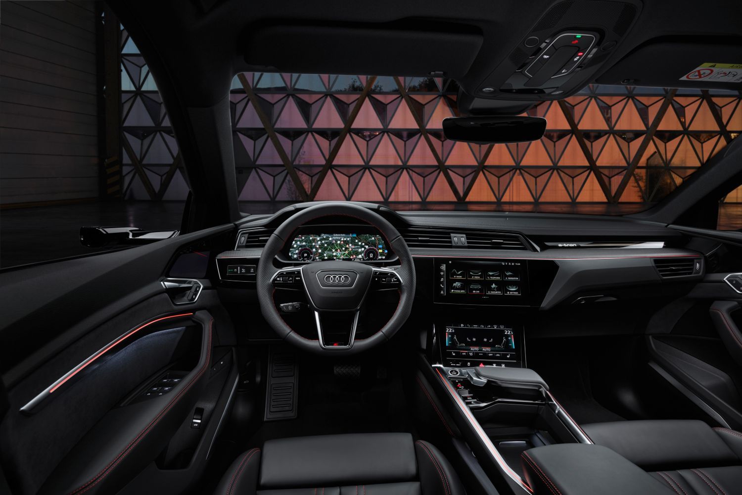 New Audi Q8 Etron view of steering wheel and digital cockpit