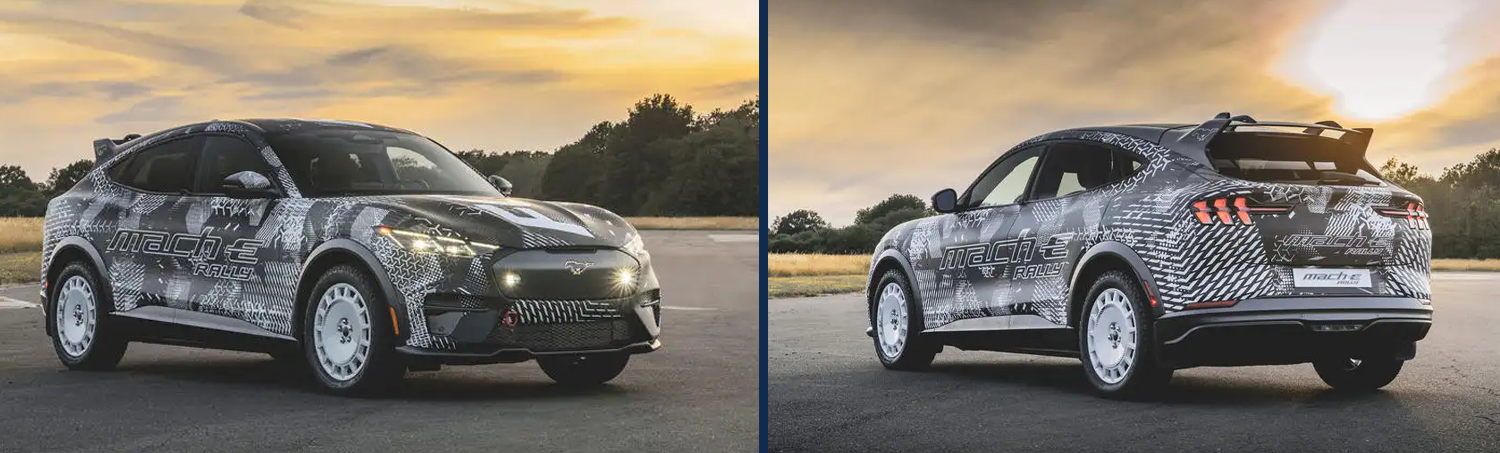 Black Mach-E Rally covered in white decals