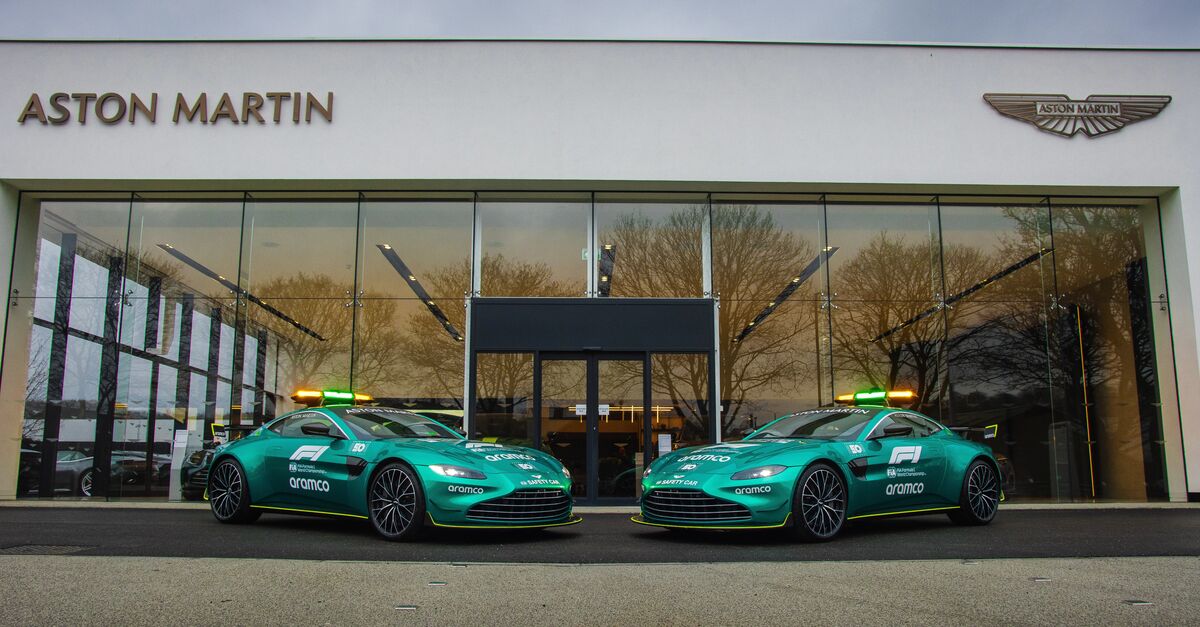 Aston Martin F1 Safety Cars outside Aston Martin Leeds