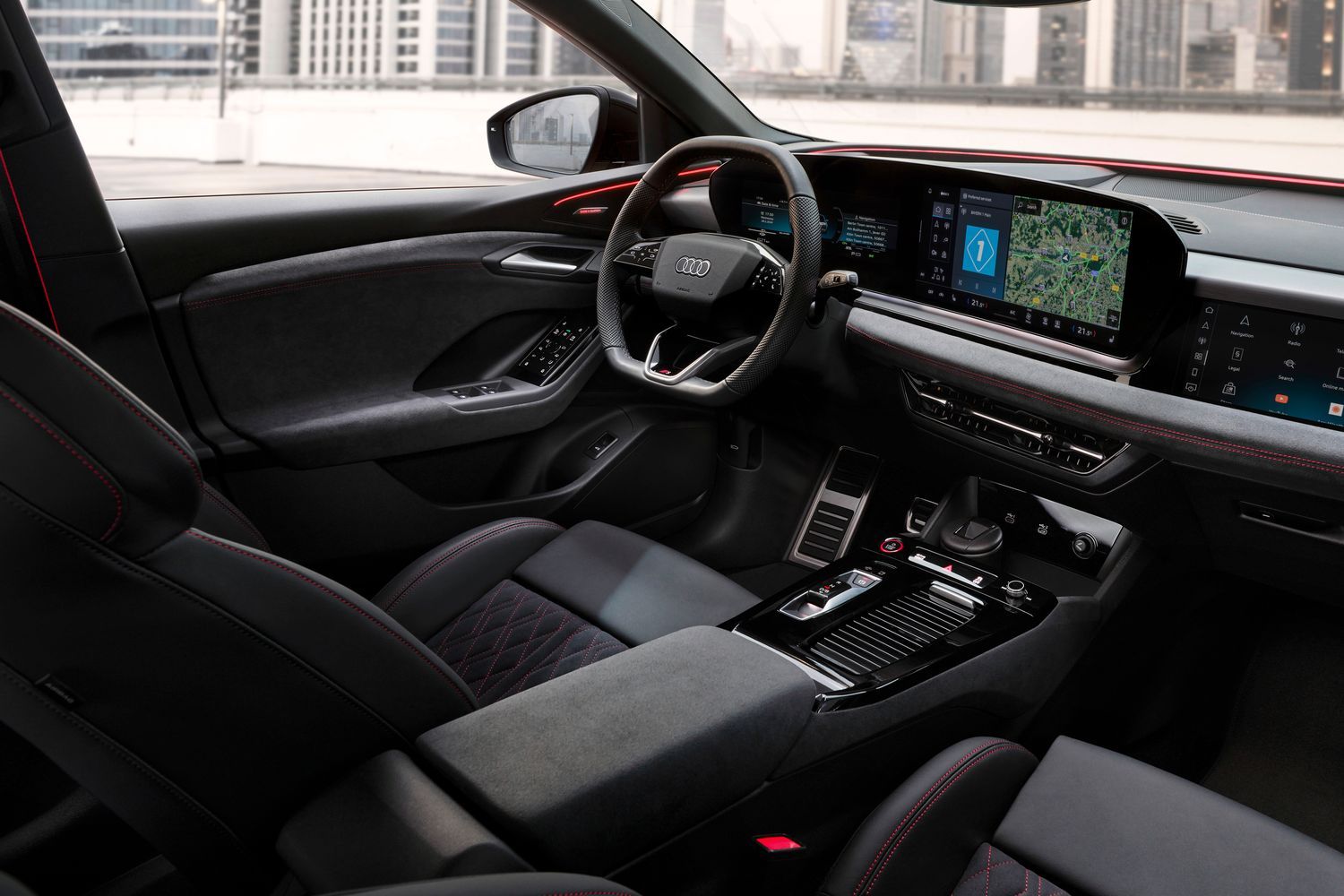 Close up of the new Audi SQ6 e-tron's black interior and driver display.