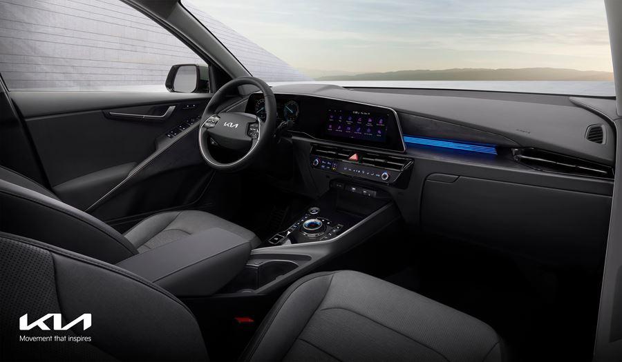 Kia Niro black interior, steering wheel and infotainment system