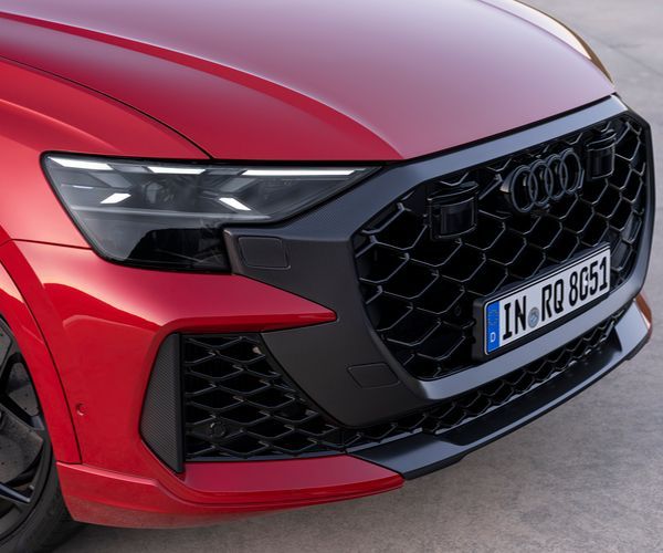 Close up of the front end of the new Audi RS Q8 SUV in red.