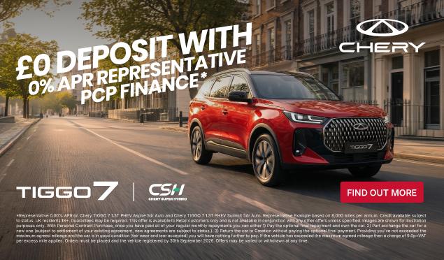 The Chery TIGGO 7 Super Hybrid is available to buy from Richmond Motor Group from only £329 per month with 0% APR Representative