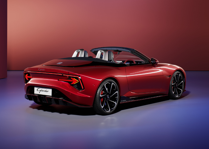 THREE QUARTER REAR VIEW OF THE MG CYBERSTER IN RED