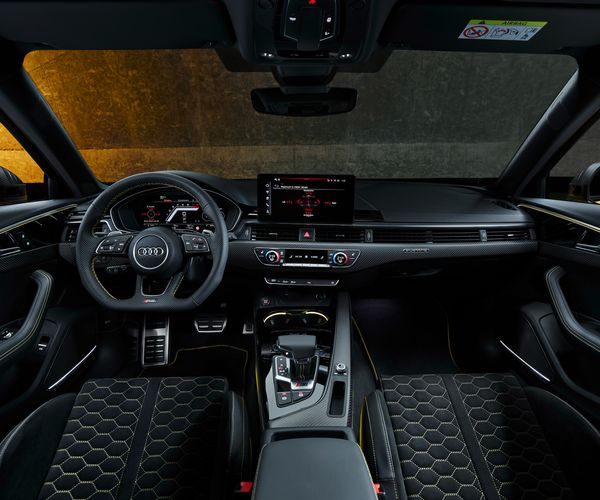 Interior of the Audi RS4 Avant edition 25 years with honeycomb stitching.