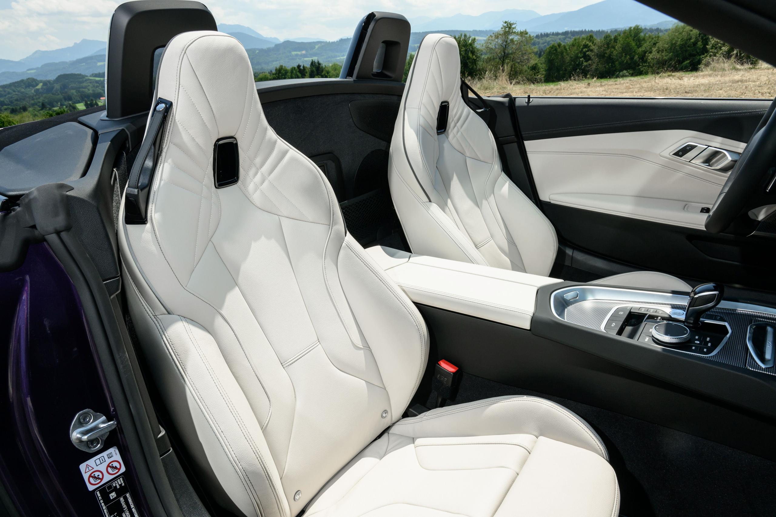 Interior view of new BMW Z4, close-up of white interior M Sport seats
