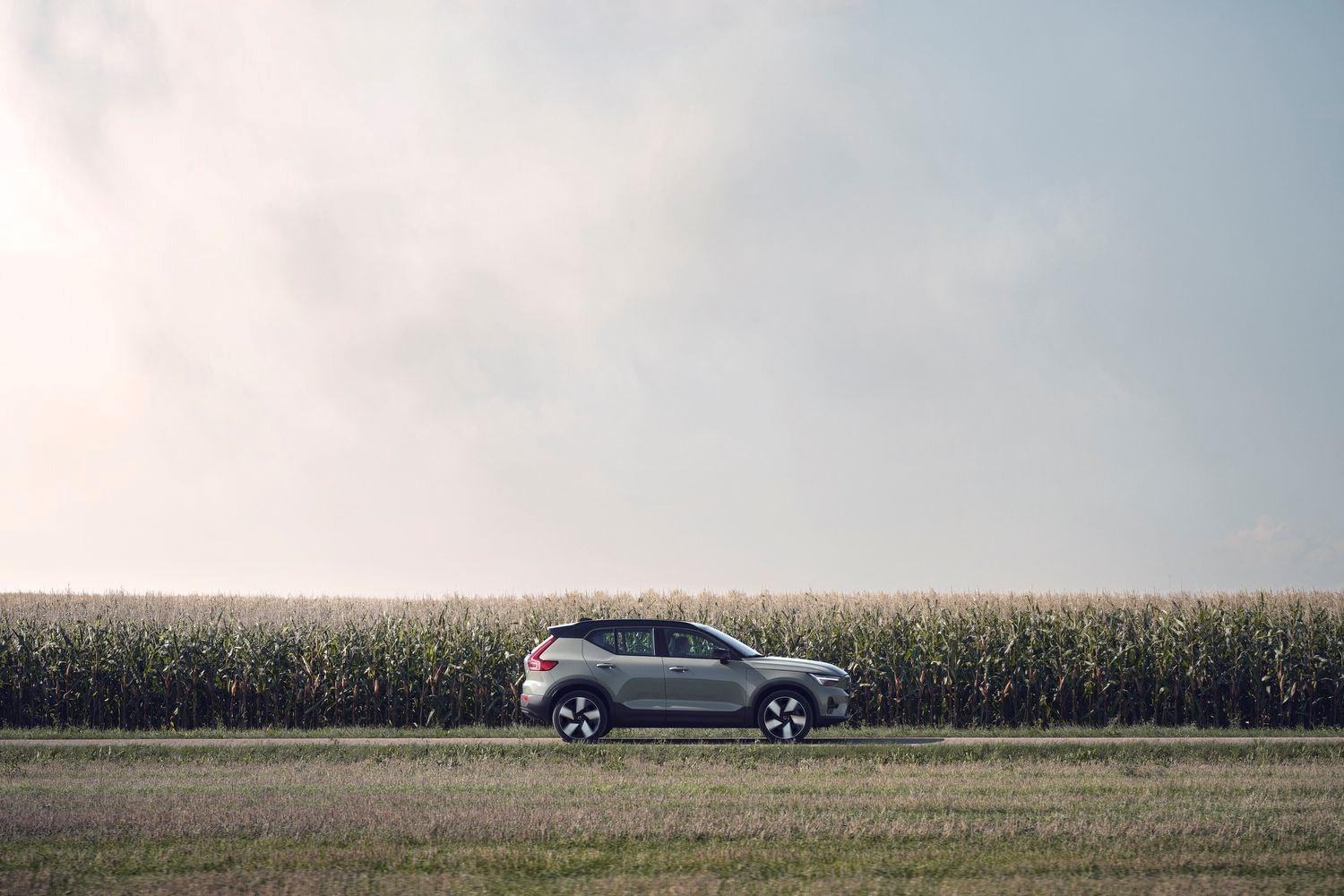 New Volvo XC40 Recharge, side view image of vehicle driving