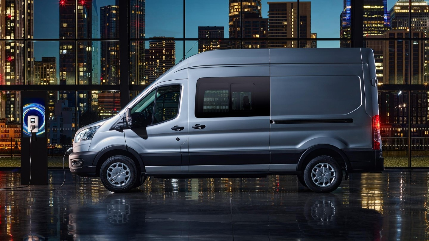 Side view of silver Ford E Transit