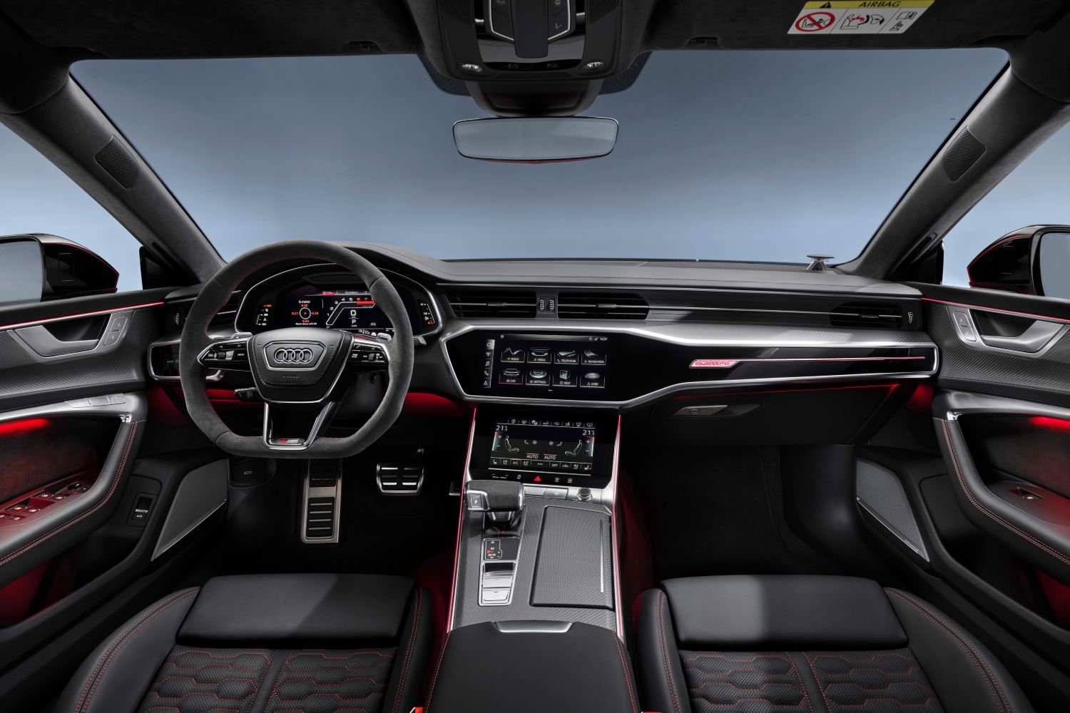 New Audi RS7 Sportback interior view of steering wheel and infotainment system