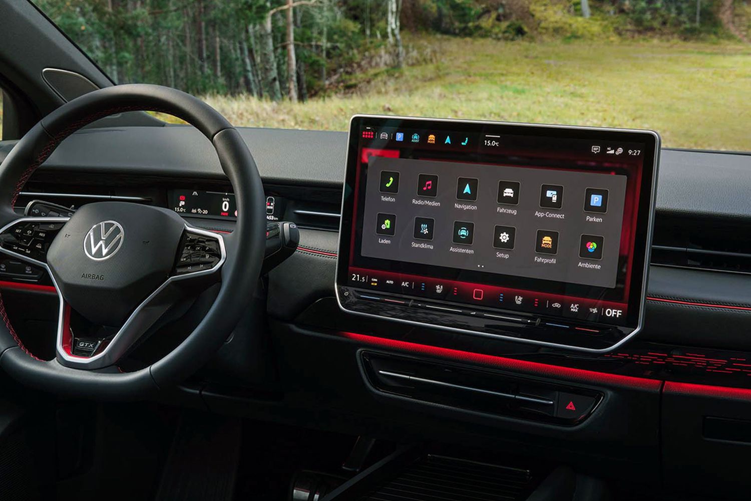 Interior view of the new Volkswagen ID.7, close-up of  steering wheel and central console.