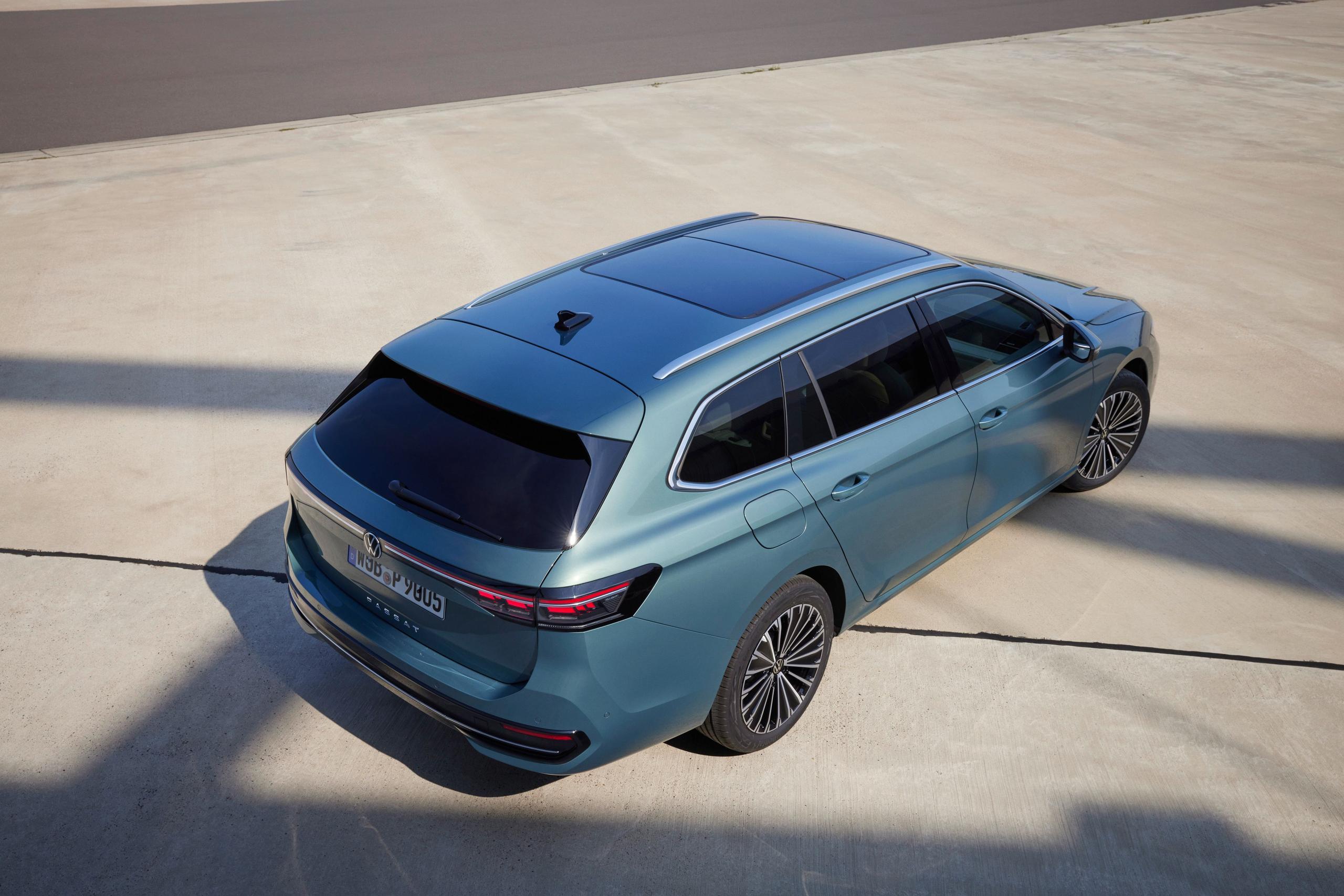 Top and side view of the Volkswagen Passat, in light green.
