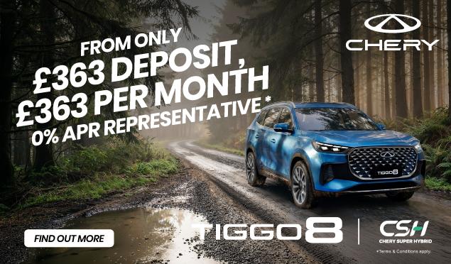 The Chery TIGGO 8 Super Hybrid is available to buy from Richmond Motor Group from only £363 Deposit, £363 per month with 0% APR Represenative